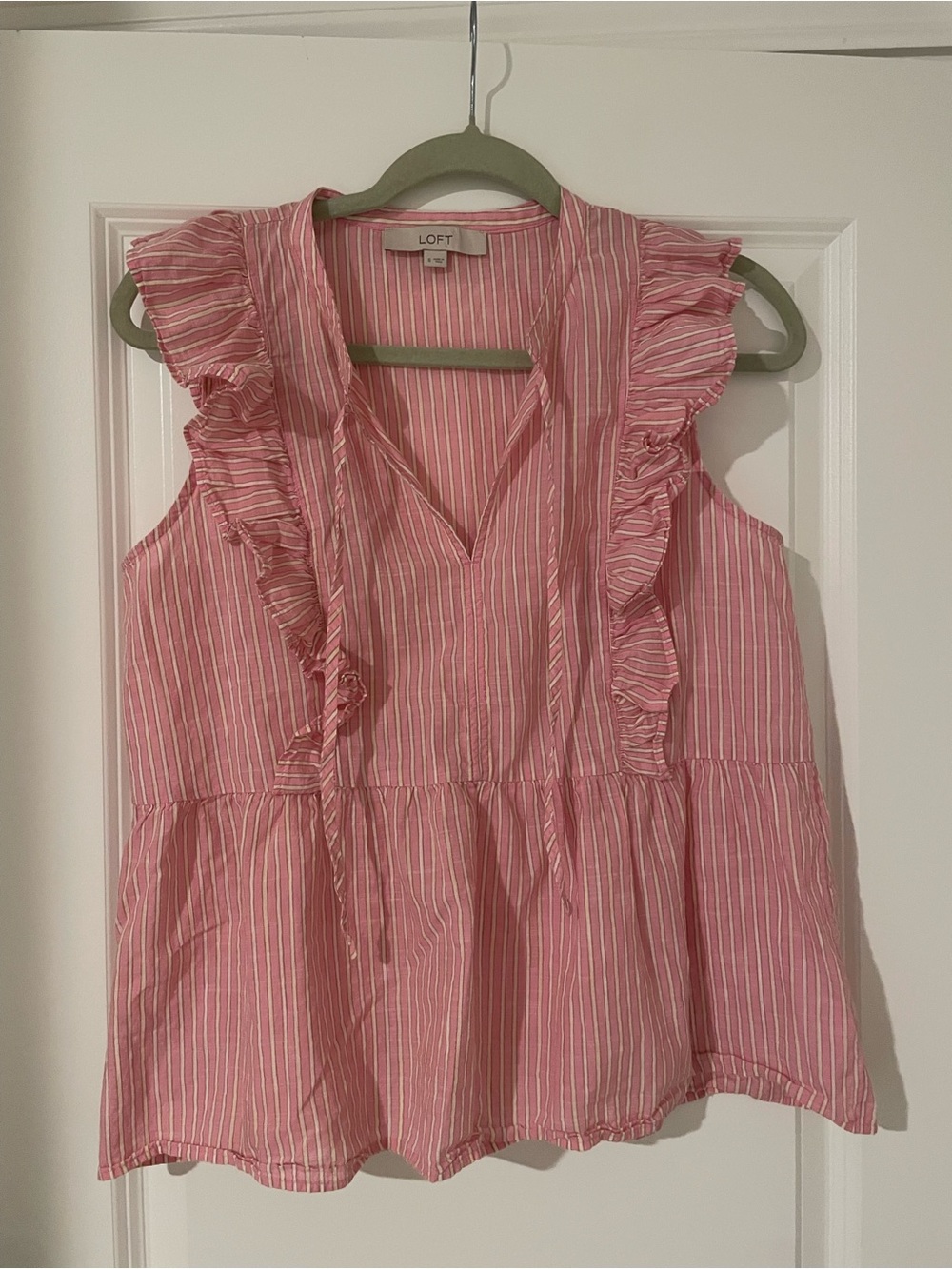 LOFT Pink & White Striped Ruffle V-Neck Camisole